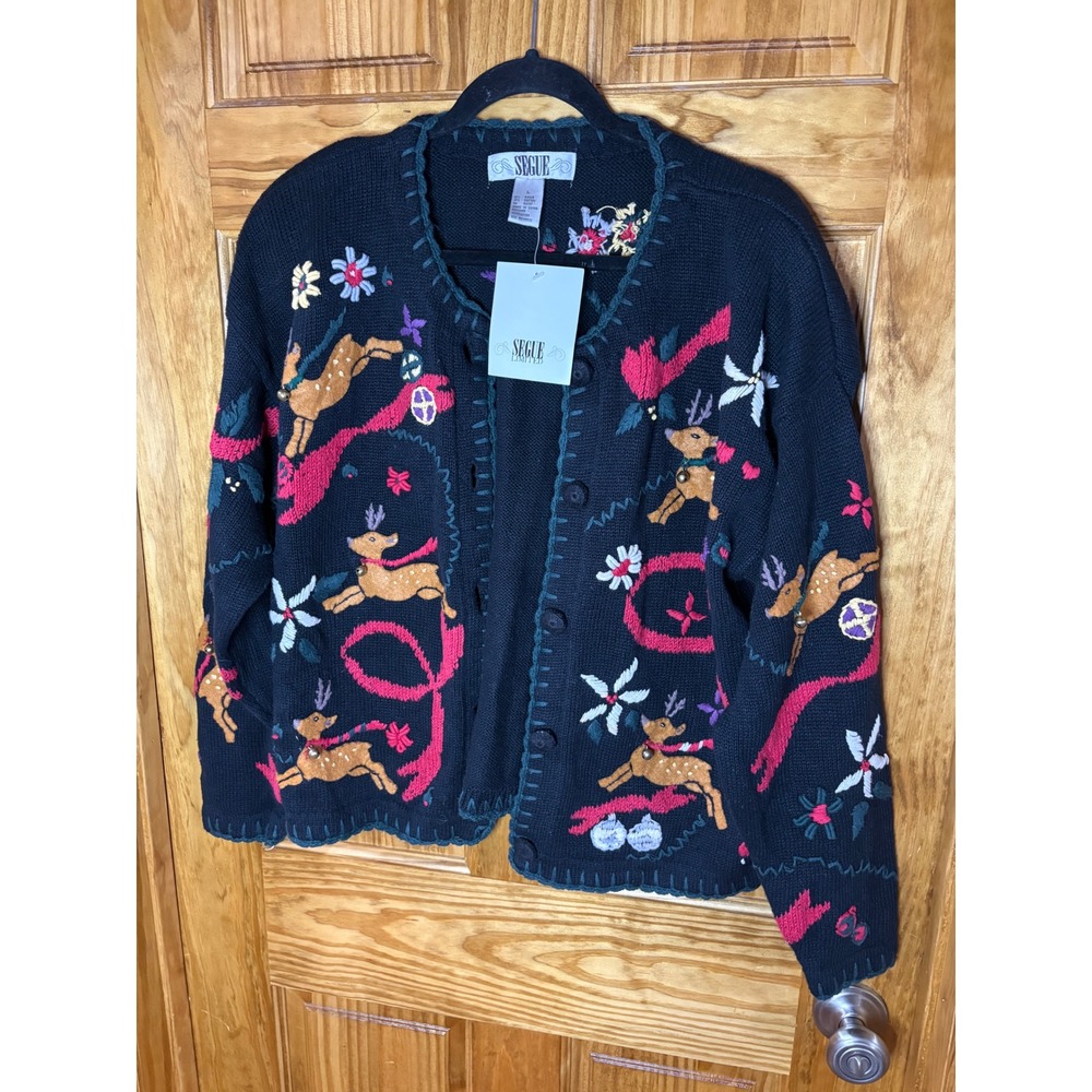 Segue Vintage Holiday Reindeer Embroidered Cardigan Sweater Black Womens Large